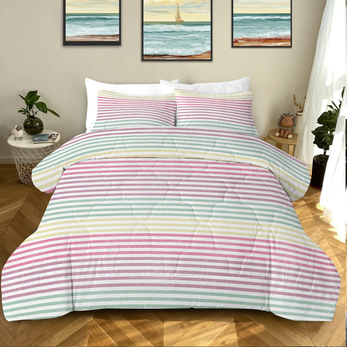 3 Piece Light Blue and Light Pink Stripes Design Comforter Set Comfortable Quilt Set Suitable for All Seasons Home Decor