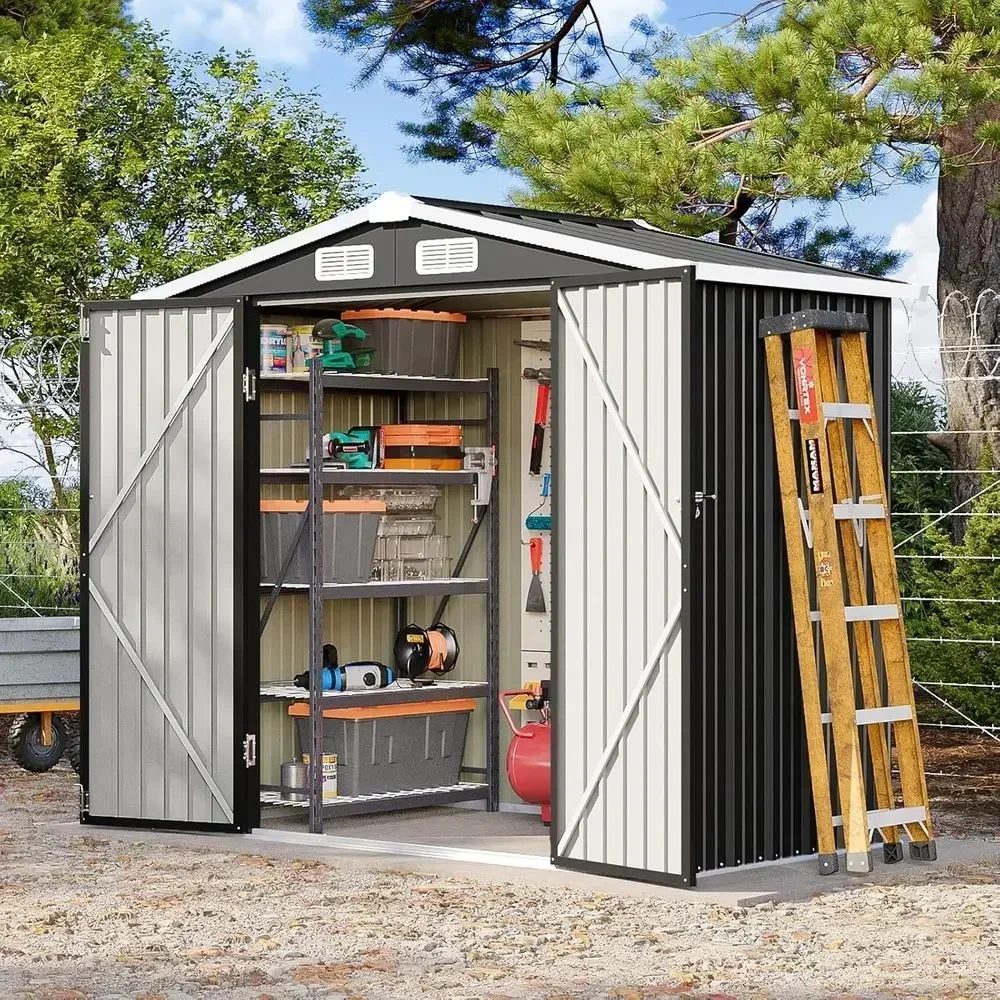 6x4 Outdoor Metal Storage Shed with Sloping Roof and Lockable Door for Garden Tools