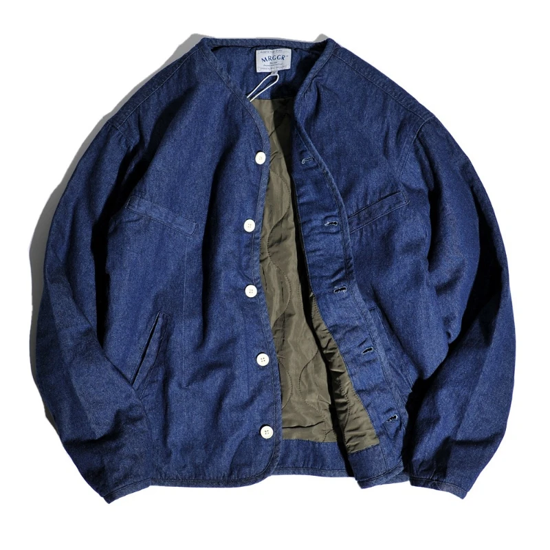 

Winter Retro Collarless Denim Cotton Padded Jacket Unisex Quilted Versatile Trendy Japanese Style Loose Casual Outerwear