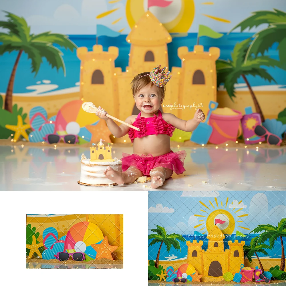 Summer Sandcastle Backdrops Kids Baby Birthday Cake Smash Photocall Props Child Adult Photocall Palm Trees Beachside Backgrounds