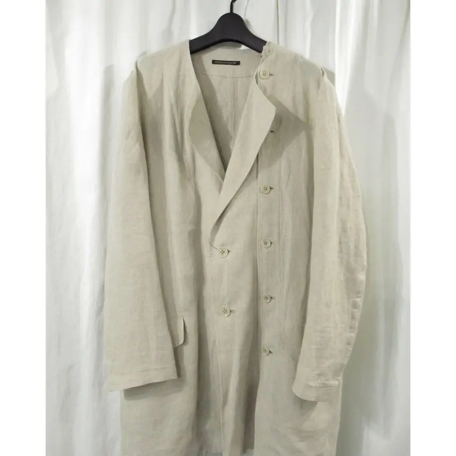 TOP-YAMAMOTO ® Linen Double-Buttoned Double-breasted Leather Jacket for Men - Medium Gray Loose Style Customized Suit