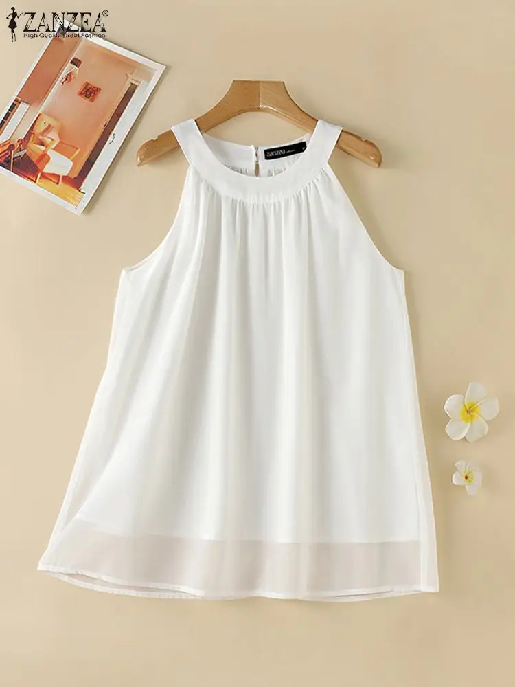 ZANZEA Summer Double Chiffon Vest Women Korean White Sleeveless Tanks 2024 Holiday O-neck A-line Tank Tops Casual Loose Camis