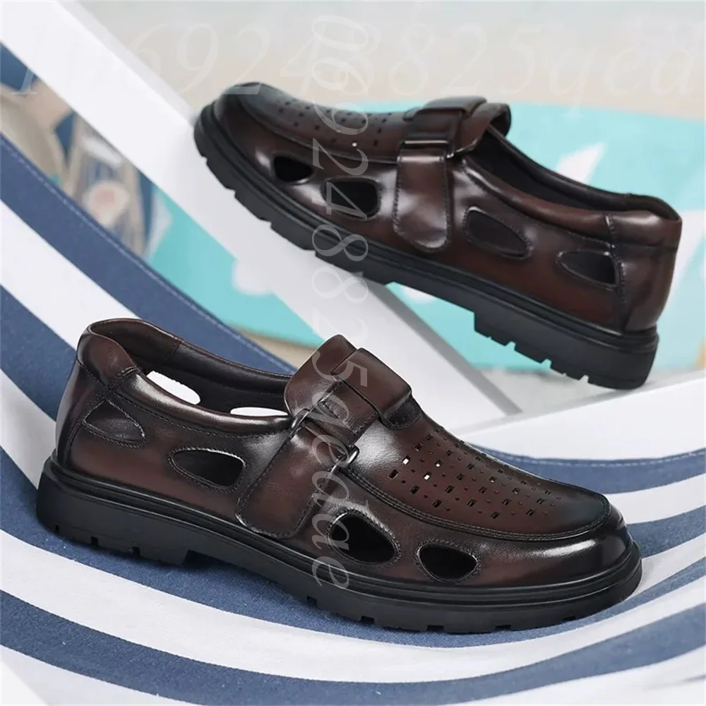 

Men's Black/Brown Closed-Toe Fisherman Sandals, Buckle Strap, Polished Shiny Upper, Hollow out Design, Comfortable Summer Shoes