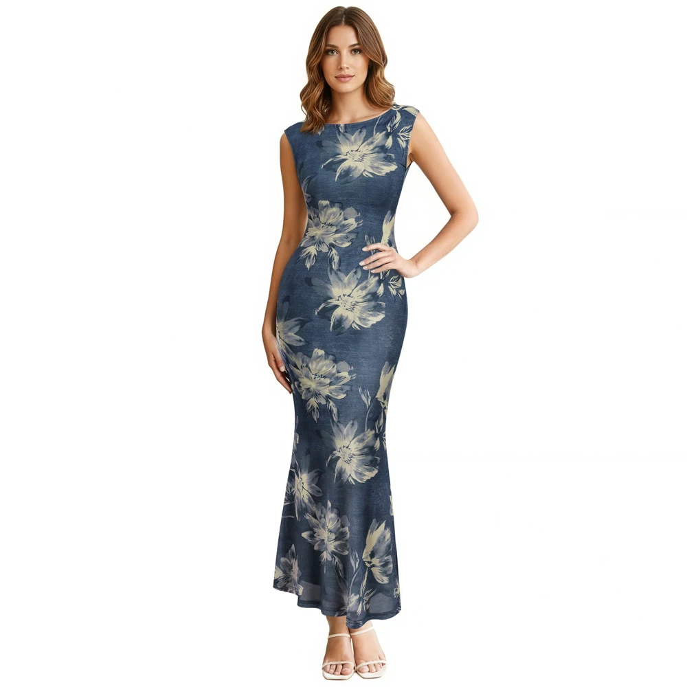 Vfemage Women Boat Neck Formal Fitted Bodycon Sleeveless Slim Wedding Guest Cocktail Evening Party Mermaid Maxi Long Dress 12361