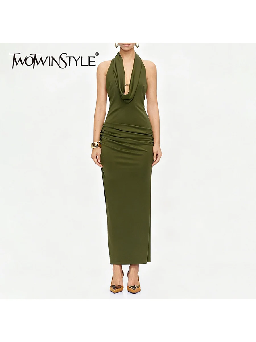 TWOTWINSTYLE 솔리드 슬리밍 스플라이스드 폴드 섹시 드레스 여성용 홀터 슬리브리스 백리스 시어 롱 드레스 여성 의류 신상품