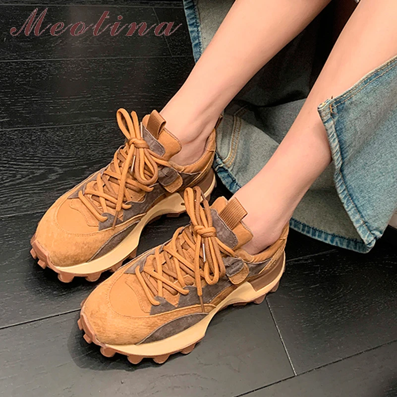 

Meotina Women Genuine Leather Round Toe Flats Lace-up Mixed Colors Sneakers Cow Suede Ladies Fashion Casual Shoes Spring Autumn