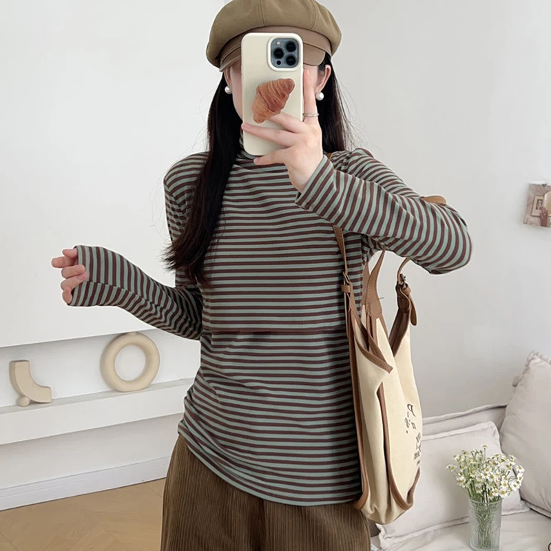 

Striped Maternity Top Pregnant Women's Clothes High Neck Lactation Wear Postpartum Breastfeeding Sleeping Care Sweatshirt