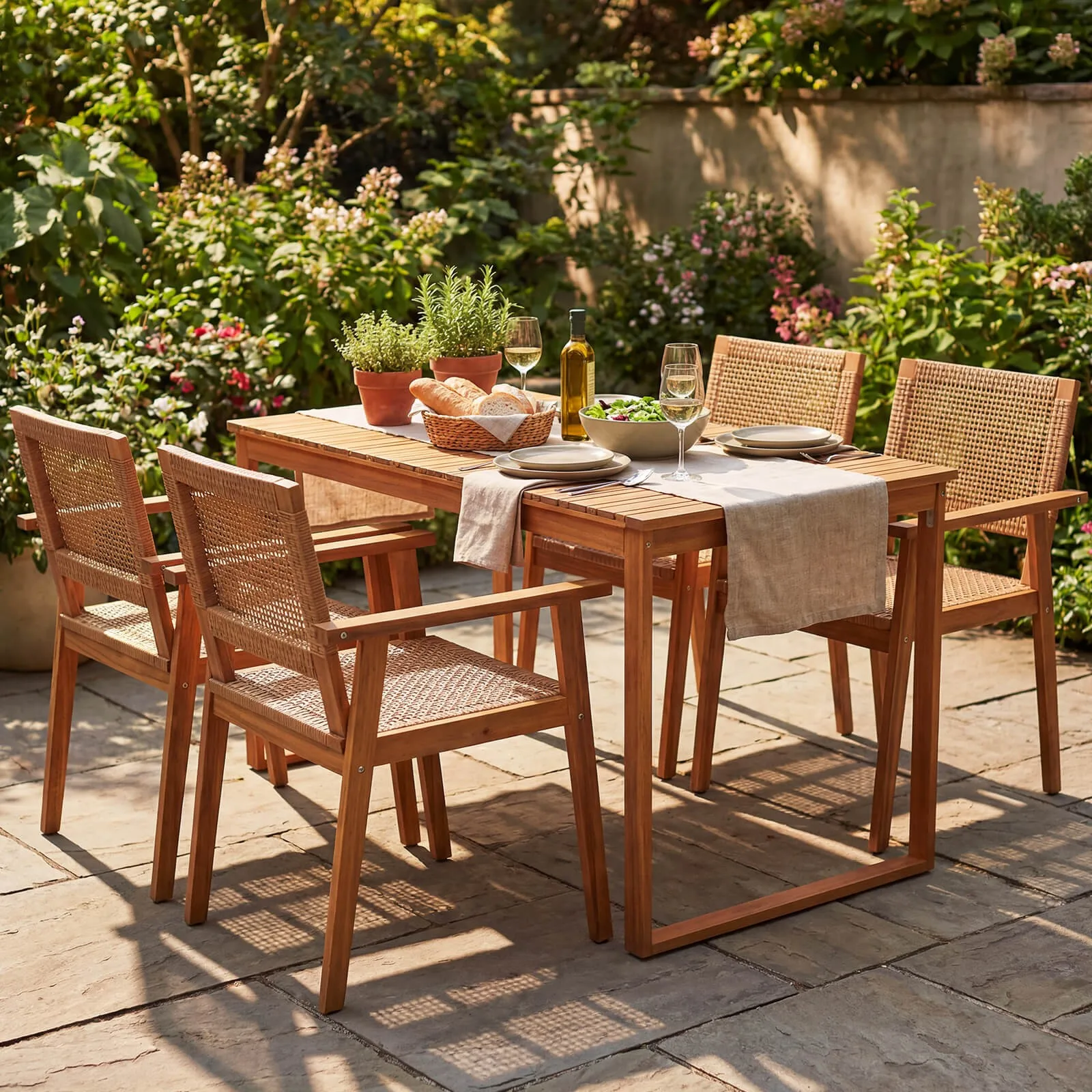 

5PCS Acacia Wood Dining Set, Outdoor Table & Rattan Chairs for Poolside