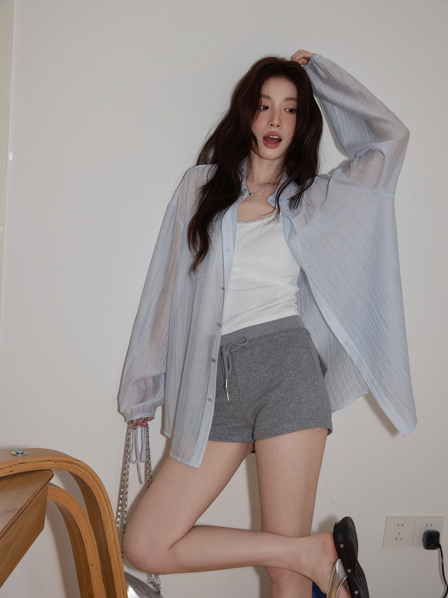 

Chaocha Home Korean Sle Light Blue Long Sve Women's irt Spring Lazy Loose Casual Top Sun Protection Lightweight irt