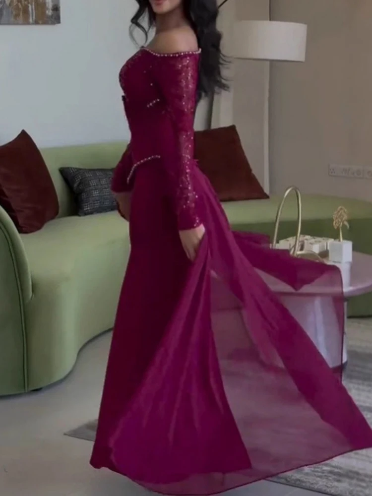 

Женское однотонное платье со стразами и открытыми плечами, темпераментное вечернее платье, элегантное плиссированное банкетное платье с длинными рукавами и блестками