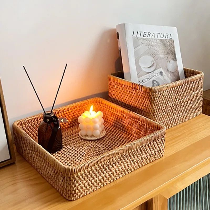 

Hand-woven Rattan Wicker Basket, Fruit Tea Snack Bread Basket, Cosmetic Rectangular Storage Box, Household Kitchen Supplies