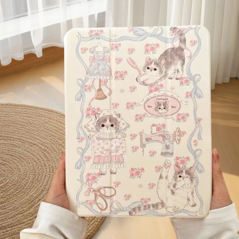 Cute Pink Cat Floral Girl Y2K Tablet Case For iPad Pro 11 12.9 13 A16 M2 M4 M3 M5 Shell 5/6/7/8/9/10/11th Mini Air 3 4 5 6 Cover