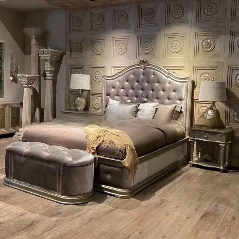 Furniture solid wood carving flower bed gold double bed