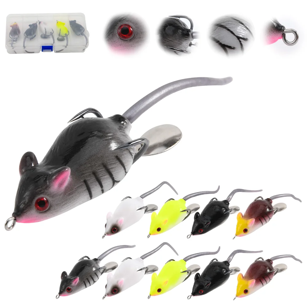 Goture 5-10 Stück Angelköder Oberflächenköder 3D-Augen Maus-Köder Künstliche Ratten-Schwimmköder für Barsch und Forelle Hartköder-Set