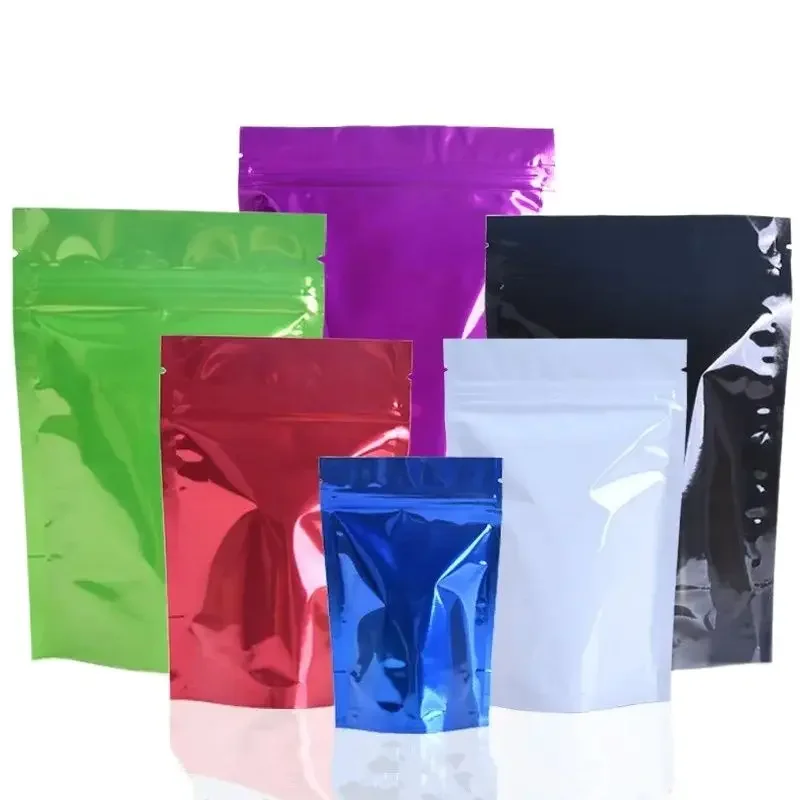 

100 Pack Resealable Stand-Up Aluminum Foil Colorful Bags - Glossy Zipper Pouch for Coffee Beans,Snacks,Candy, Sugar, Tea Storage