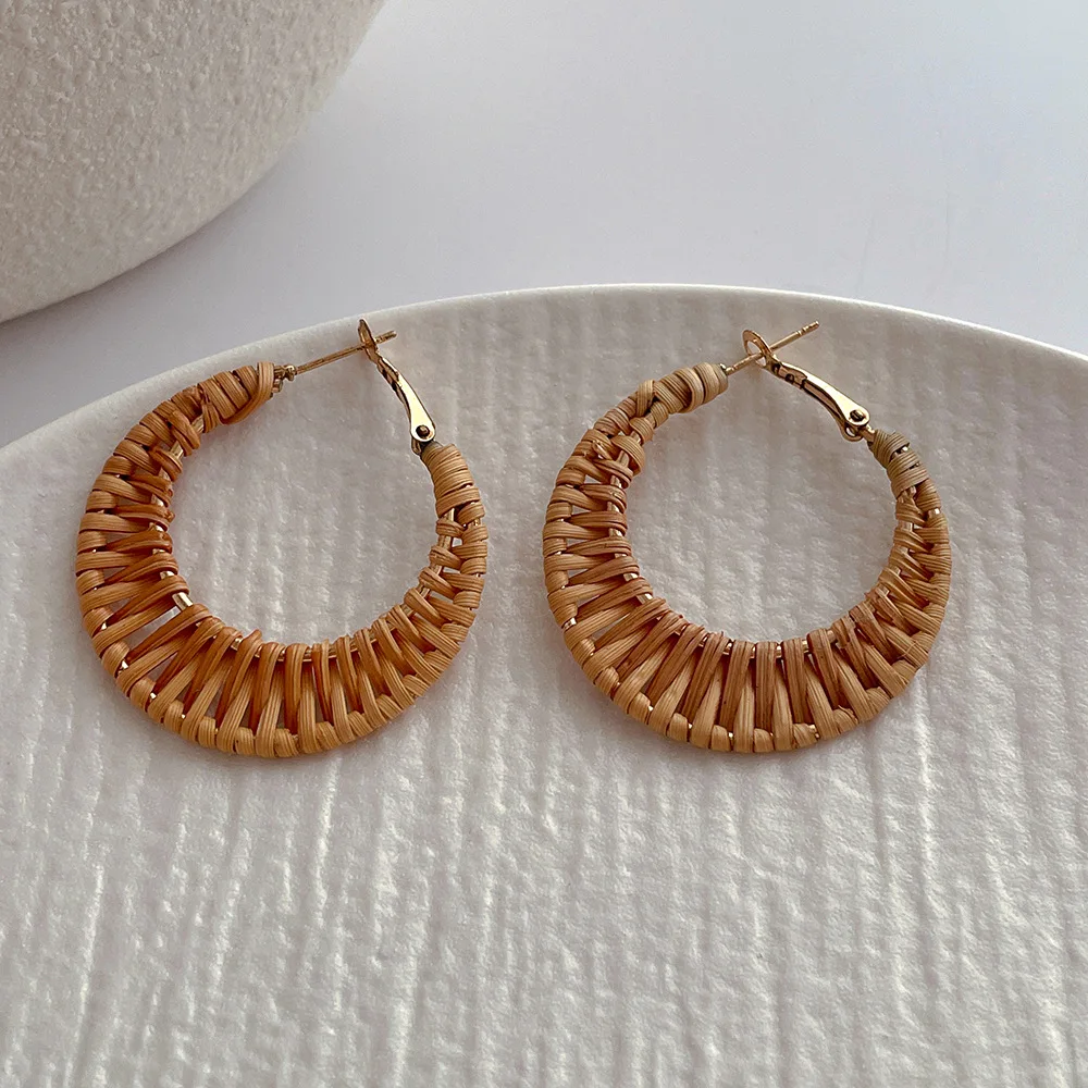 Bohemian Straw Earrings Handmade Beach Rattan Hoop Dangle Summer Seaside Holiday Jewelry Women Gift