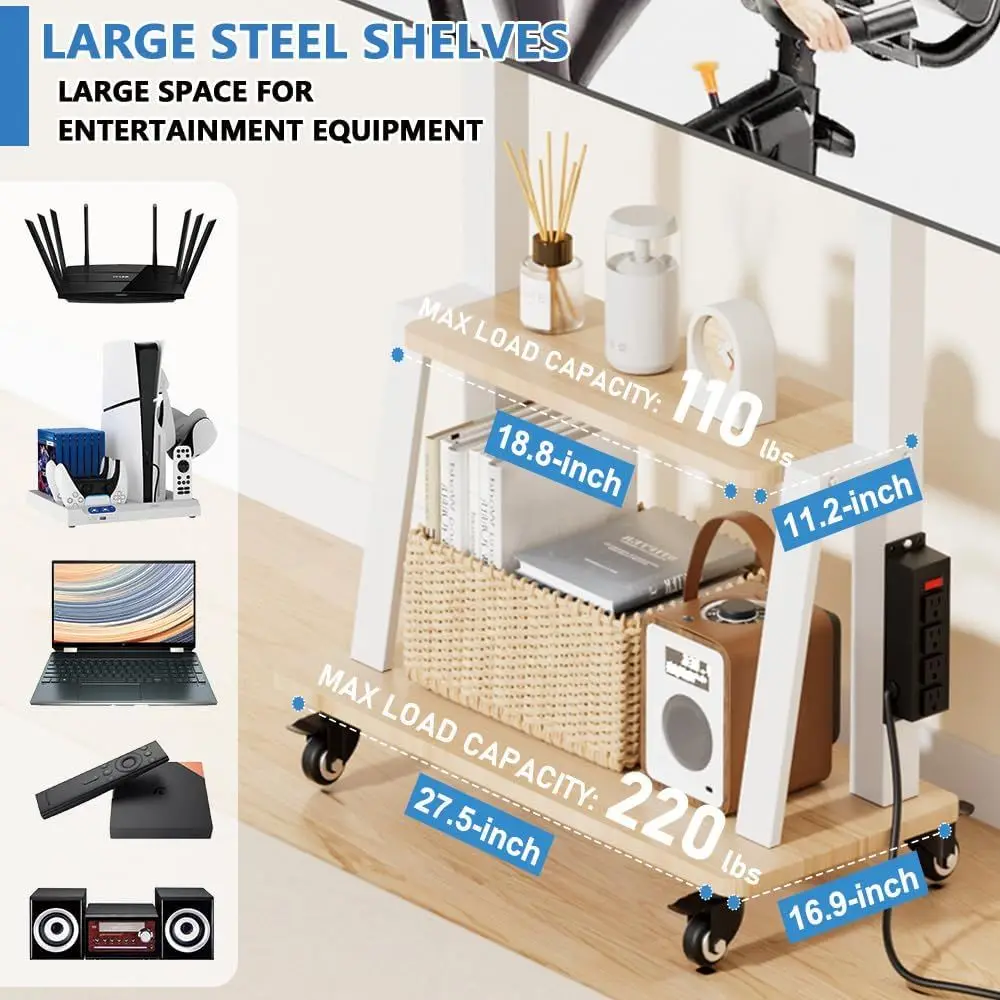 حامل تلفزيون متنقل مع مخرج طاقة، حامل تلفزيون محمول على رف خشبي على عجلات لتلفزيون 32 إلى 55 65 70 75 بوصة، ارتفاع قابل للتعديل #5