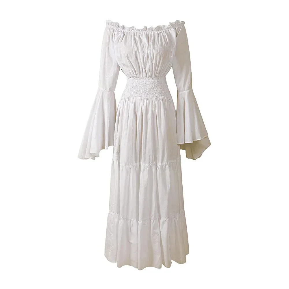 Vestido de baile feminino medieval, vestido de Halloween, festa de feriado, show de palco, fantasia de cosplay, saia de manga de chifre