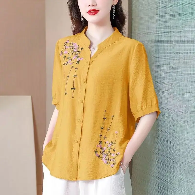 Simplicity Office Lady Summer Women\'s Stand Collar Embroidered Single Breasted Fashion Casual Loose Short Sleeve Shirts Tops