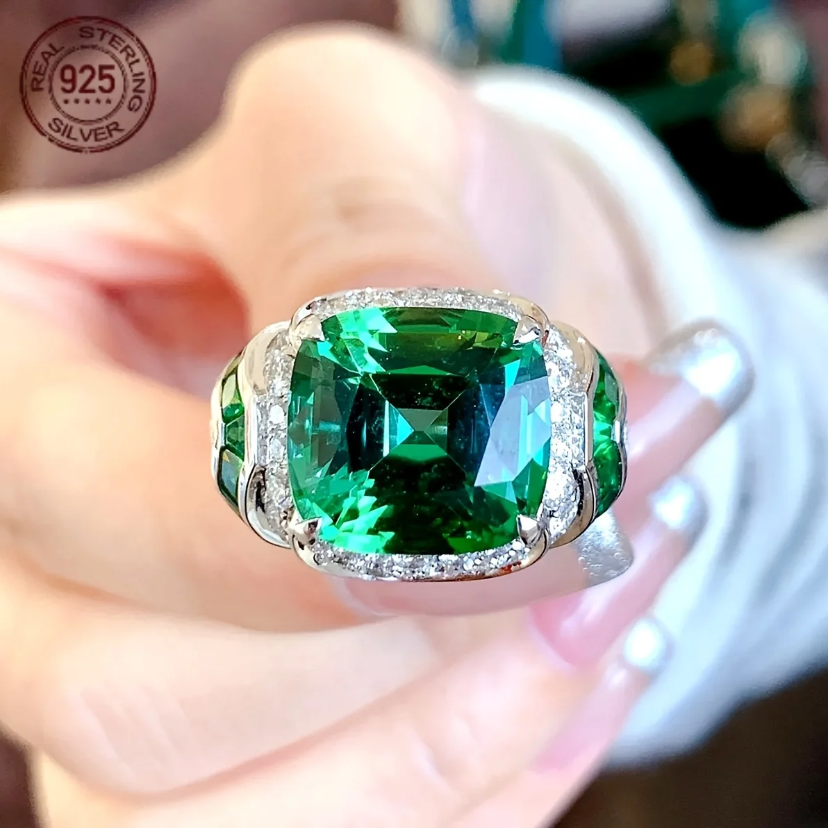 

Stunning Cocktail Wedding Rings Luxury Jewelry 925 Silver Fill Emerald Pave CZ Promise Women Engagement Open Adjusatble Ring