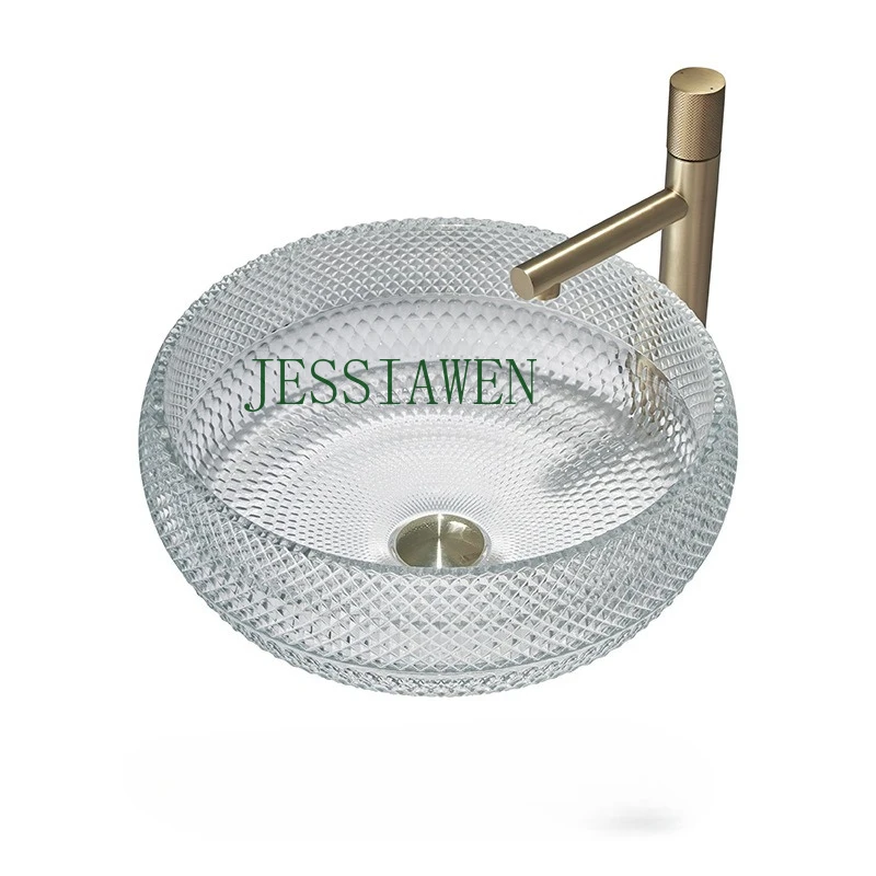 

42cm Round Bathroom Sink Light Luxury Crystal Glass Washbasin Hotel Clear Transparent Die-casting Washroom Vessel Sink