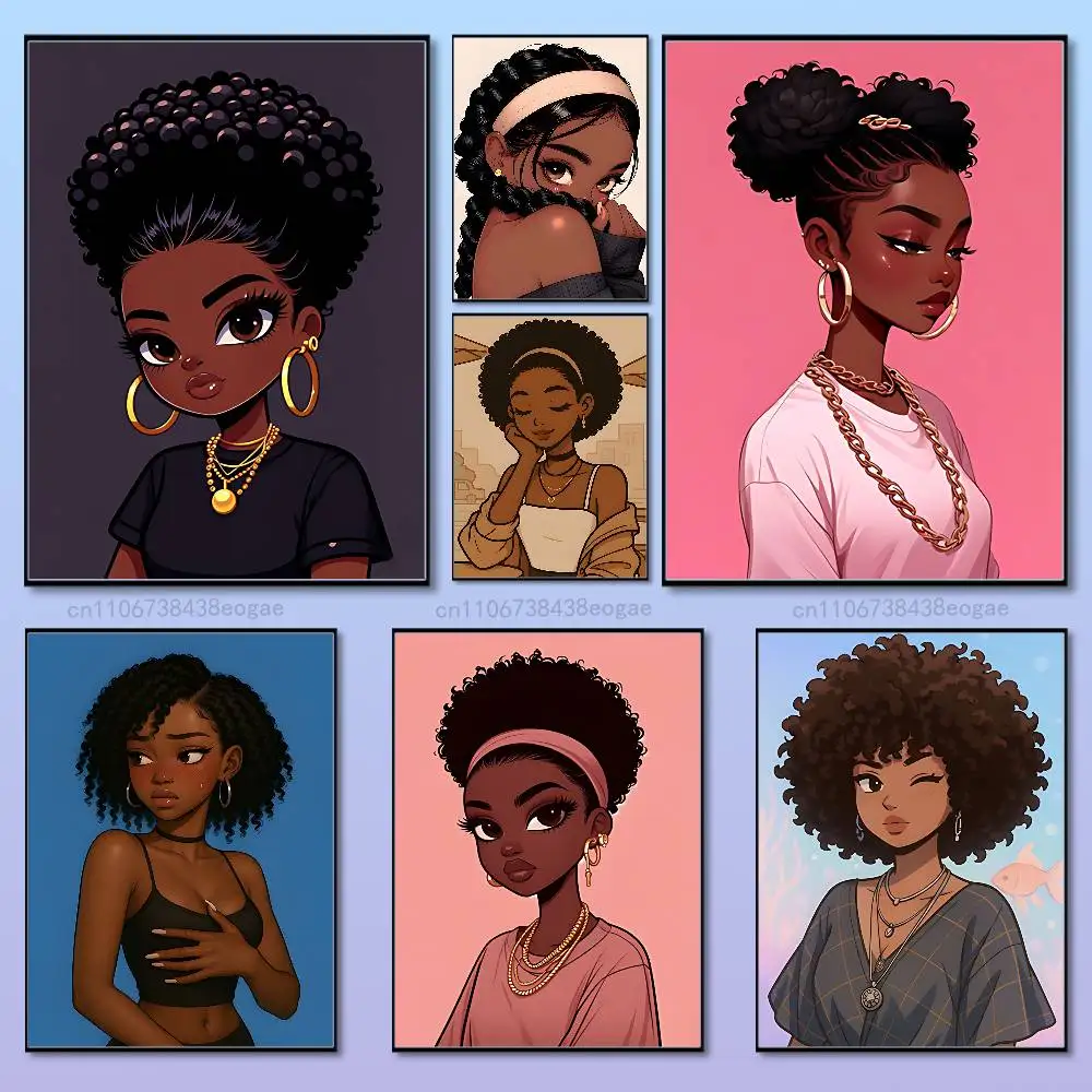 

Afro Black Girls Cartoon Poster HD Art Sticky Wall Aesthetic Decoration Waterproof Home Living Room Bedroom Bar