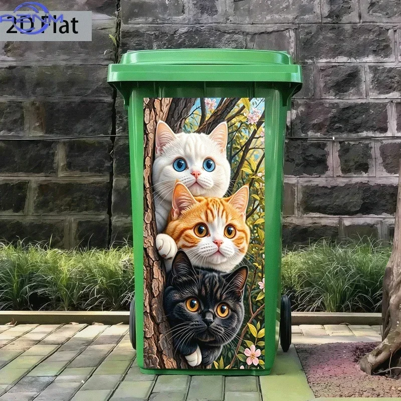 Trash Can Sticker, Three Cute Cats Playfully Exploring Branches Theme Design, Self-Adhesive Wall Decal Wallpaper for Kitchen