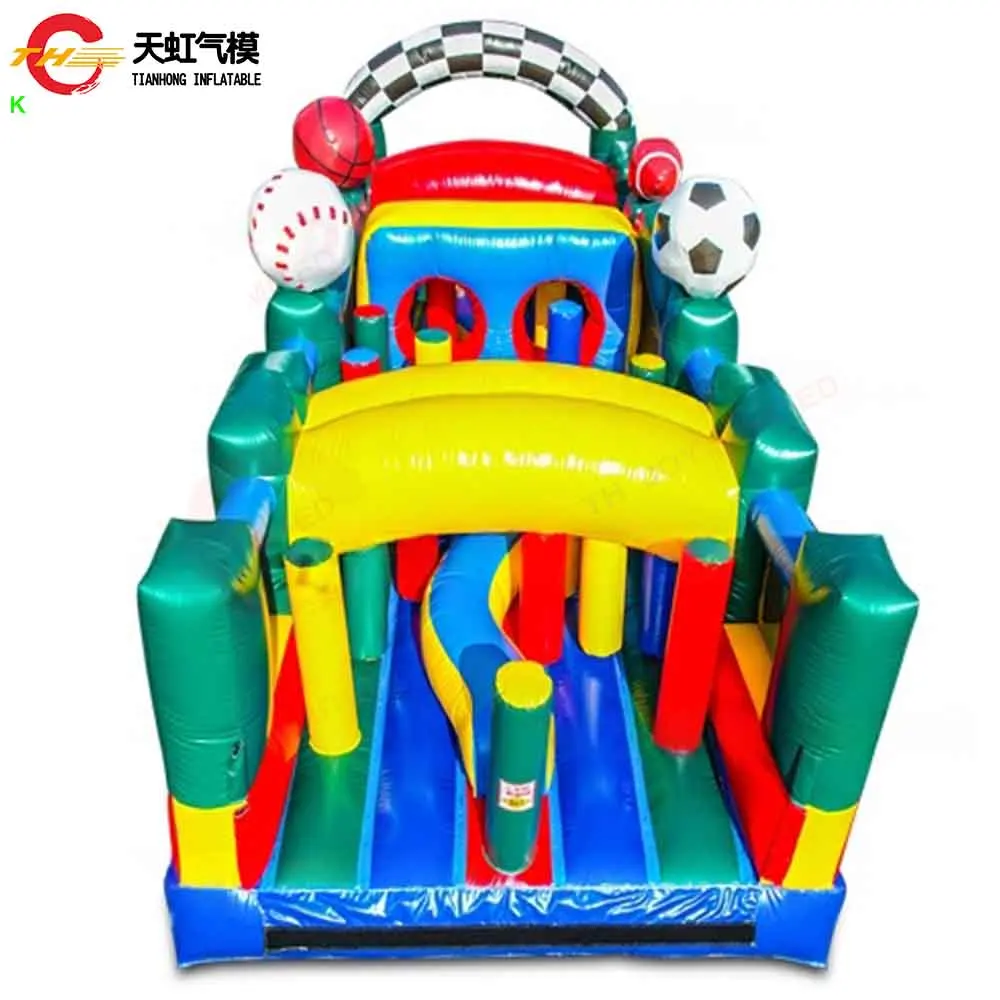 Envío rápido, curso de obstáculos inflable de 28 pies, seguidor de obstáculos de fútbol inflable para alquiler de carnaval para niños con soplador