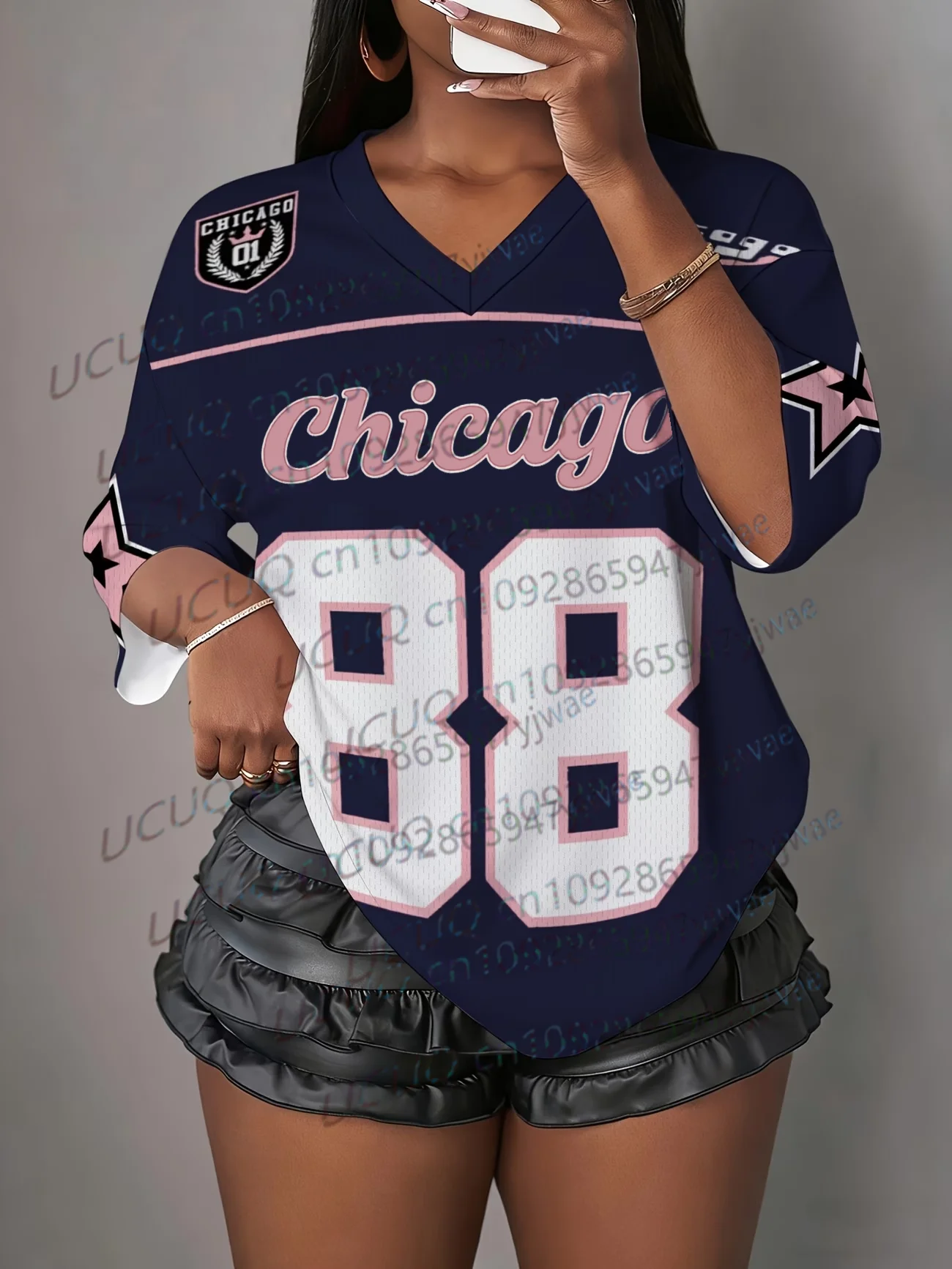 Women's Chicago No.88 Print V-Neck Short Sleeve T-Shirt Summer Graphic Tee Baseball Jerseys Plus Size Sport T-Shirt