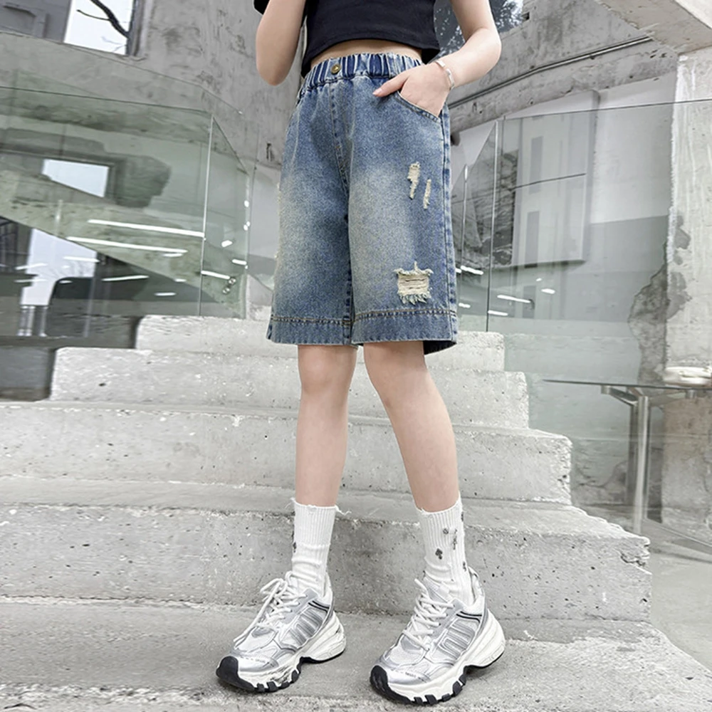 نمط جديد للأطفال فتاة y2k Harajuku المتعثرة ممزق الدينيم السراويل الطفل الشارع الشهير منتصف الخصر الركبة طول السراويل السراويل