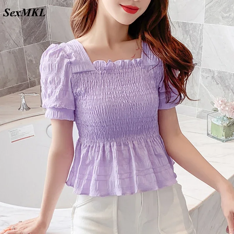 Summer Corset Top Blouse Women 2024 Fahsion Puff Sleeve White Purple Bustier Tops French Vintage Slim Sexy Chiffon Shirts Casual