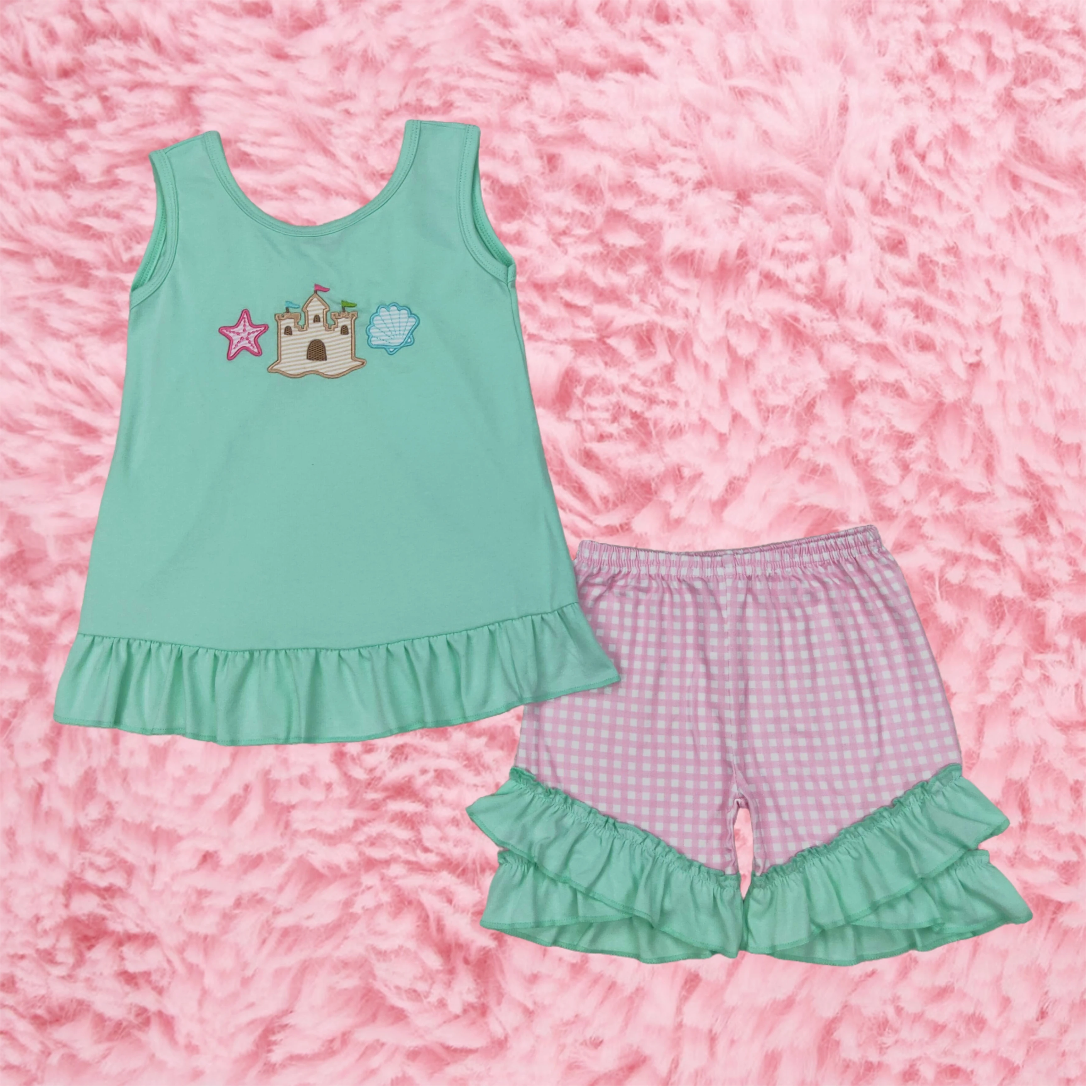 

Wholesale Toddler Embroidery Castles Baby Girl Green Cotton Sleeveless Shirt Ruffle Plaid Shorts Clothes Set Children Kid Outfit