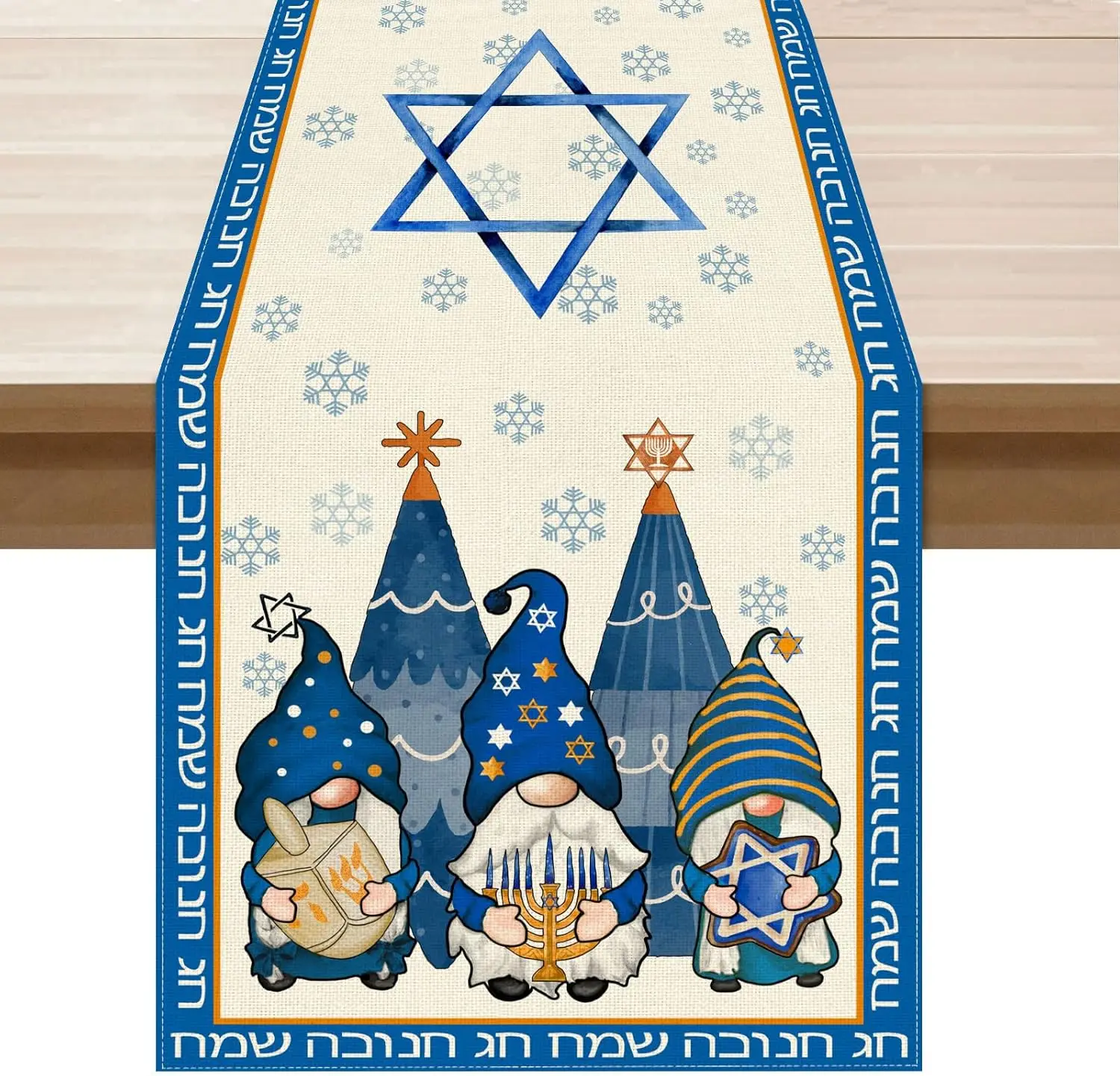 

Happy Hanukkah Gnomes Hexagram Linen Table Runner Home Decor Chanukah Menorah Snowflake Table Runners Jewish Holiday Party Decor