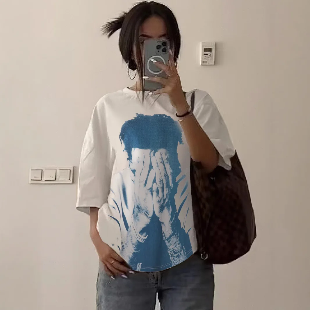 

Женская персонализированная футболка American Hipster Hip Hop Street с портретным принтом граффити, свободные футболки с короткими рукавами, топ