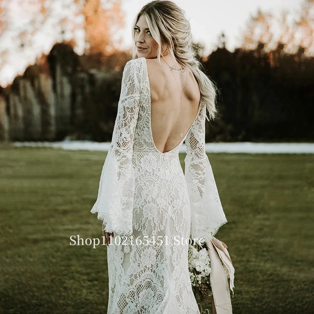 Abiti da sposa bohémien Country in pizzo pieno maniche lunghe sirena Summer Beach Holiday abiti da sposa Backless Boho Bride Gowns