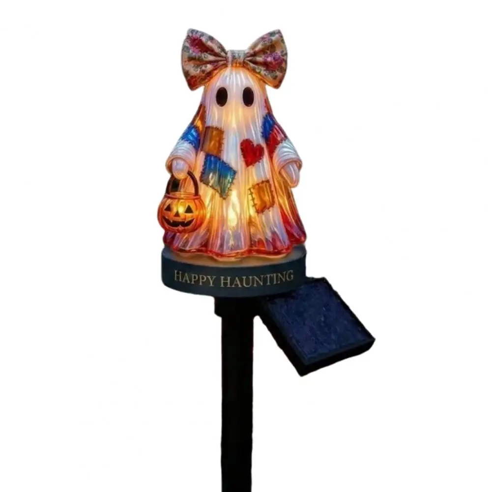 Halloween Ground Lamp Warm Light Garden Lamp Solar Retro Patchwork Ghost Light Fabric Halloween Garden Stake with Pumpkin