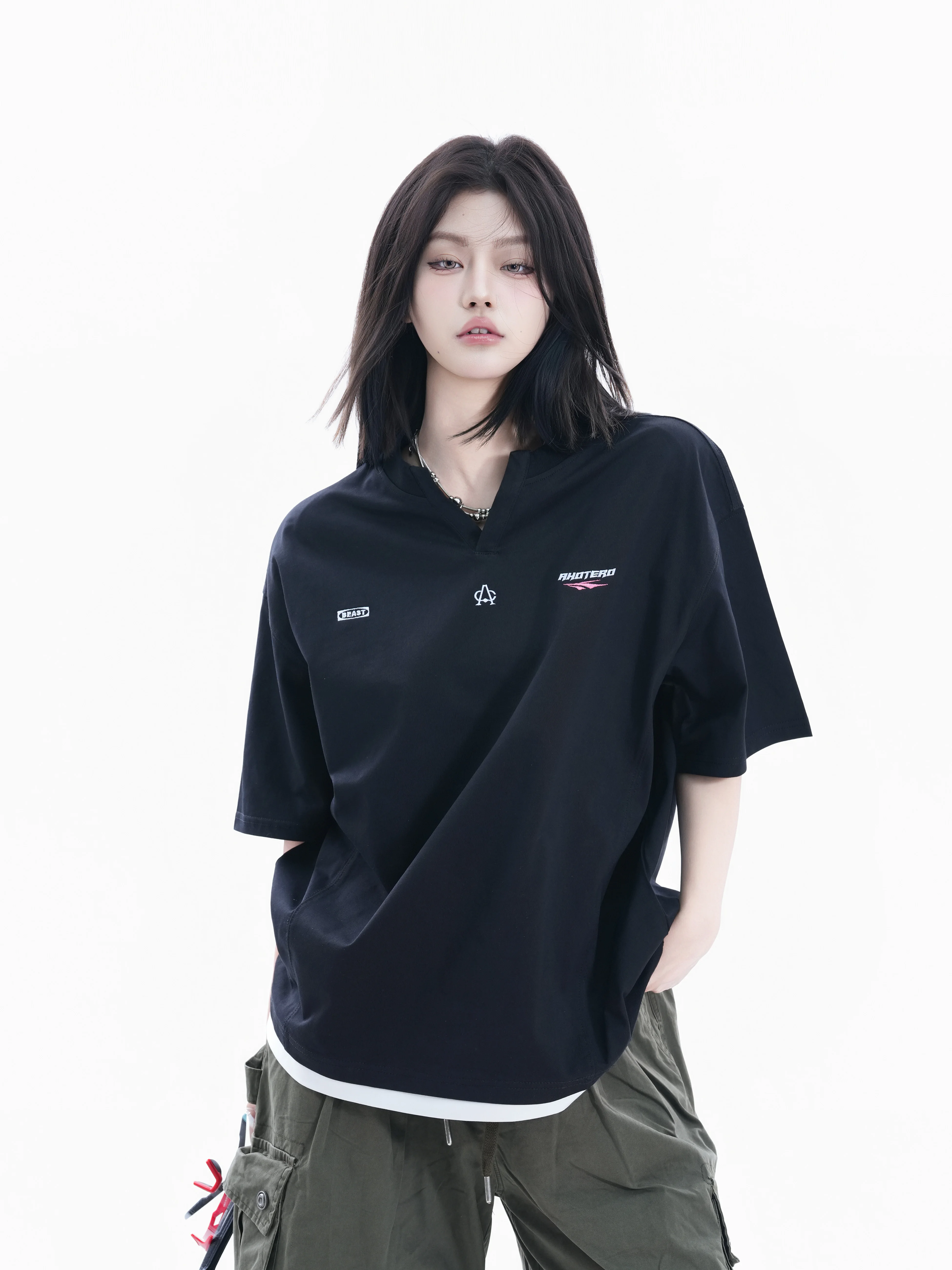

Loose Fit V-Neck Short Sleeve T-Shirt Women's Casual Style Fake Two-Piece Design Trendy Brand Small Ball Couple Top Cotton 100%