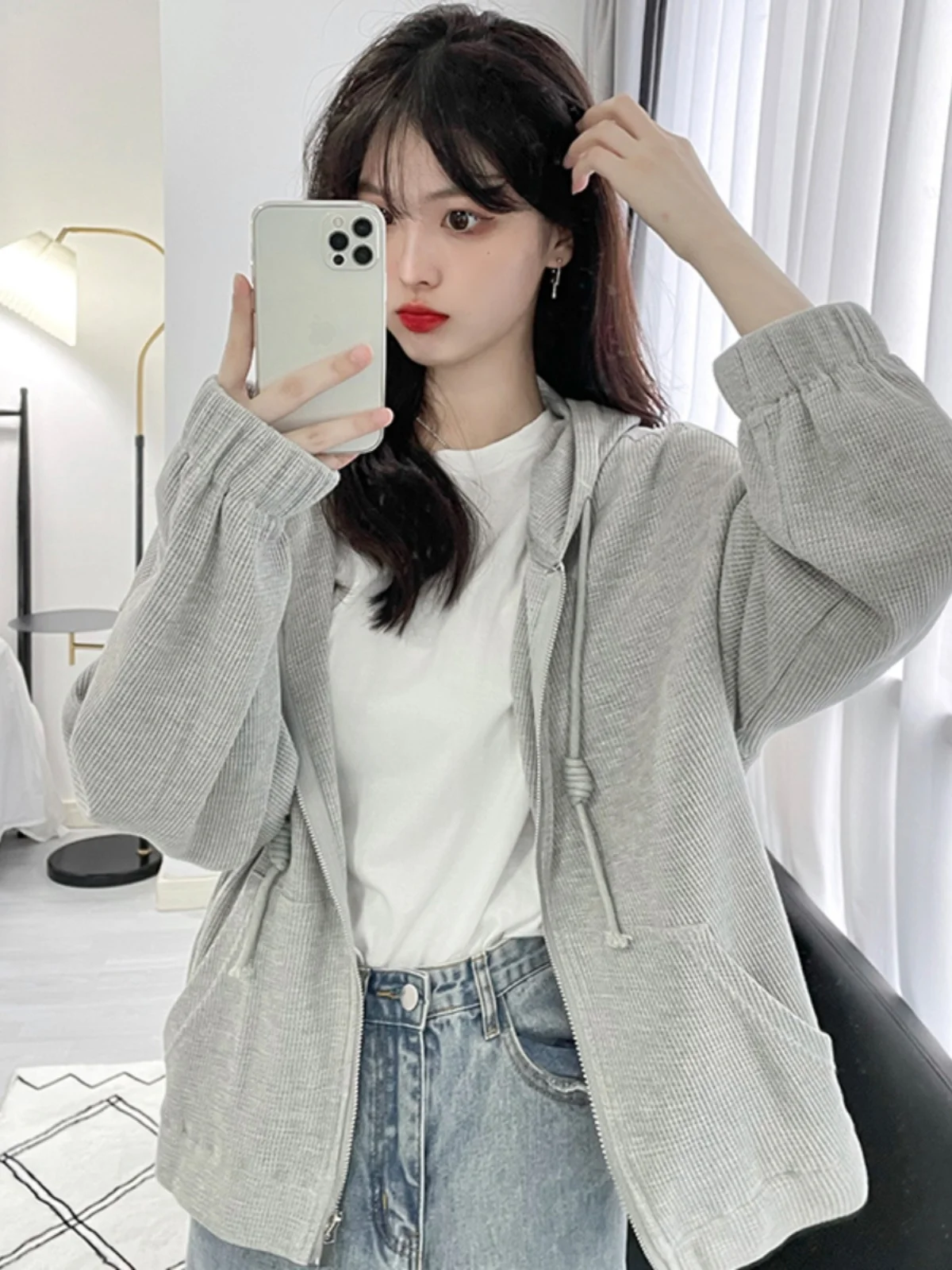 Sweat à capuche décontracté et ample pour femme, Jaet, couleur polyvalente, fermeture à glissière, longueur longue, automne 2024