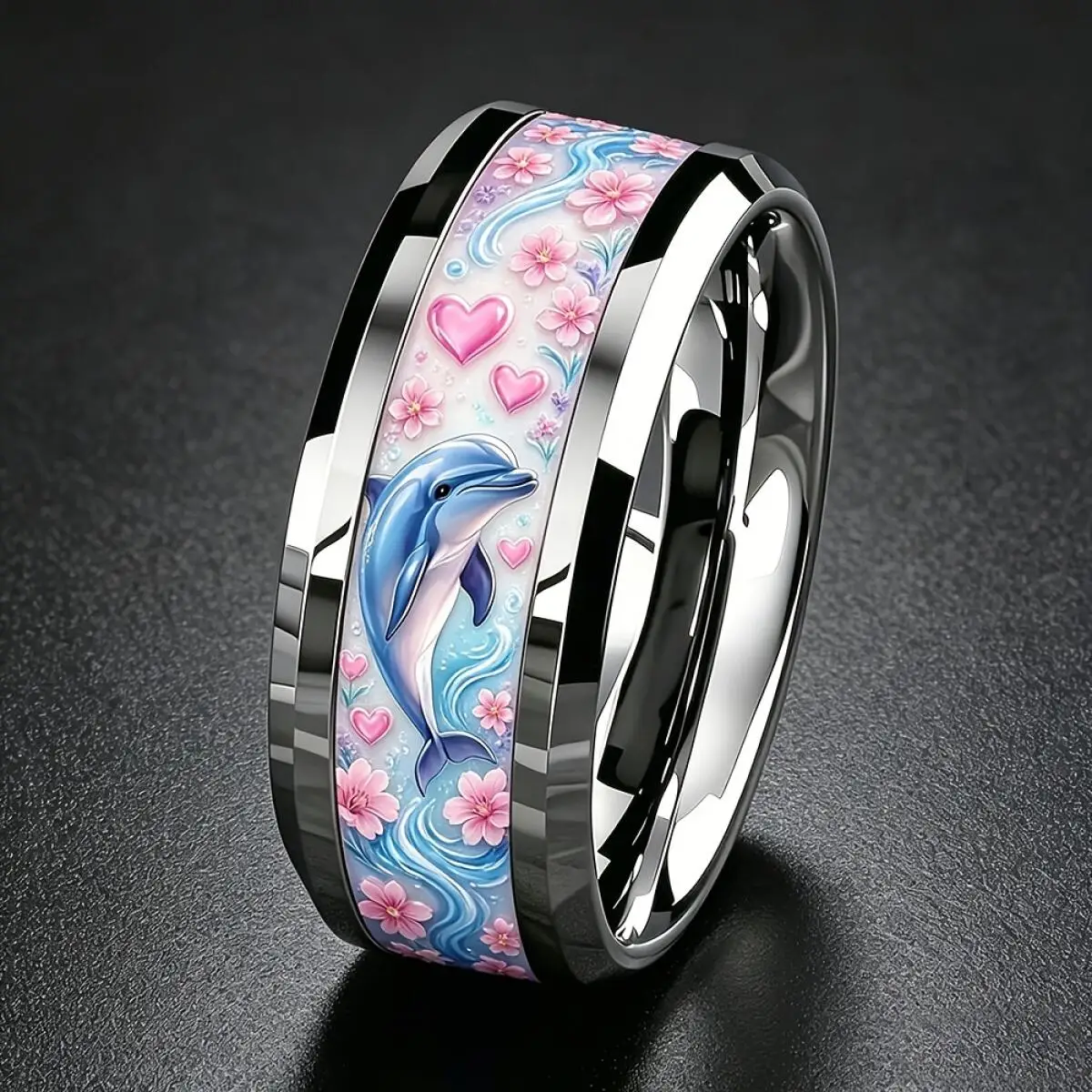 Fashion Flowing Blue Ocean Wave Pattern Inlay Men's Stainless Steel Rings Jewelry Suitable for Daily Wear, Gift for Him Non-Fade
