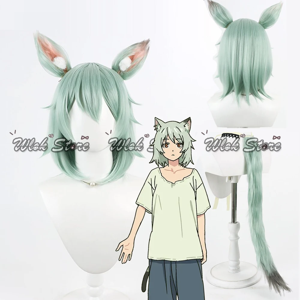 Anime Chainsmoker Cat Yaniko Sato Cosplay Wig Mint Green Short Hair Yanineko Cat Ears Tail Halloween Party Carnival Roleplay Wig