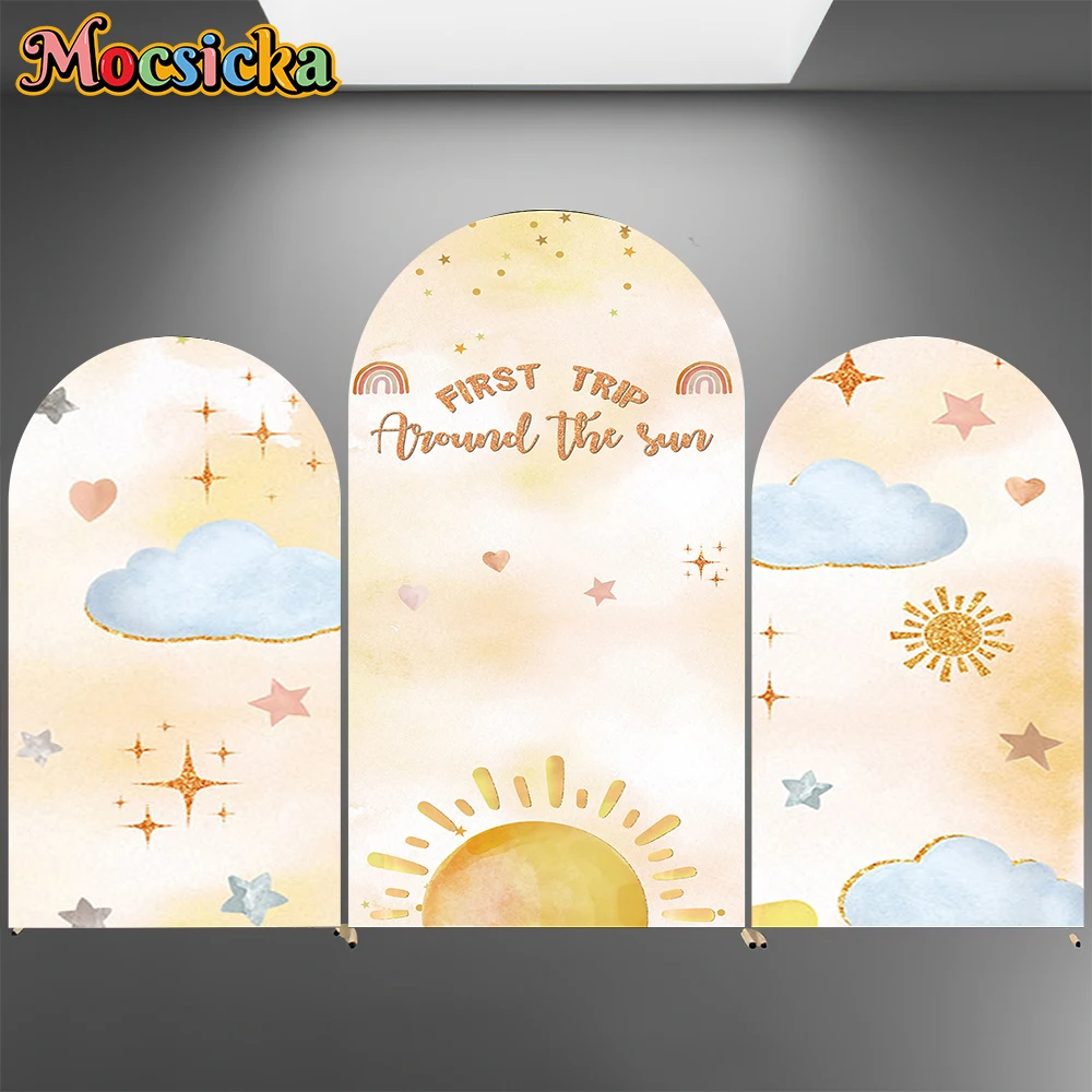 

Mocsicka Baby Shower Birthday Arch Covers Backdrop Elastic Double-Sided Party Arched Backgrounds Sun Clouds Star Decor Photocall