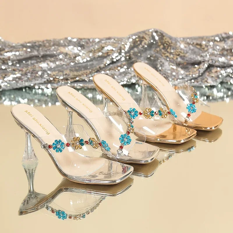 High end feeling with long legs, 2024 summer new crystal cool slippers, transparent rhinestone high heel slippers for women