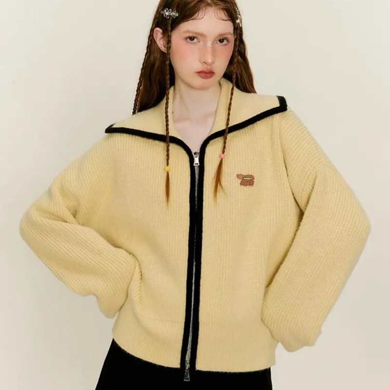 

Autumn and Winter Long-sleeved Contrasting Color Lapel Zipper Knitted Cardigan Sweater Women's Coat Top