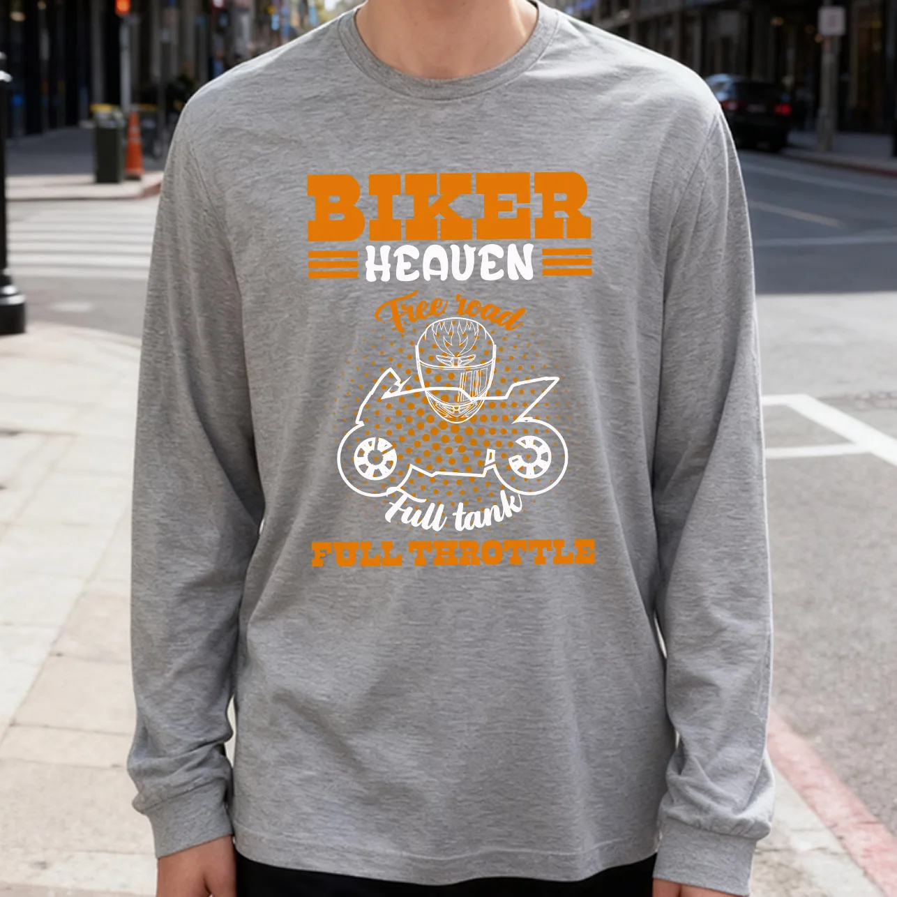 Biker Heaven Men's Long Sleeve Tee 100% Cotton 180g Crew Neck Casual Daily Style Soft and Breathable