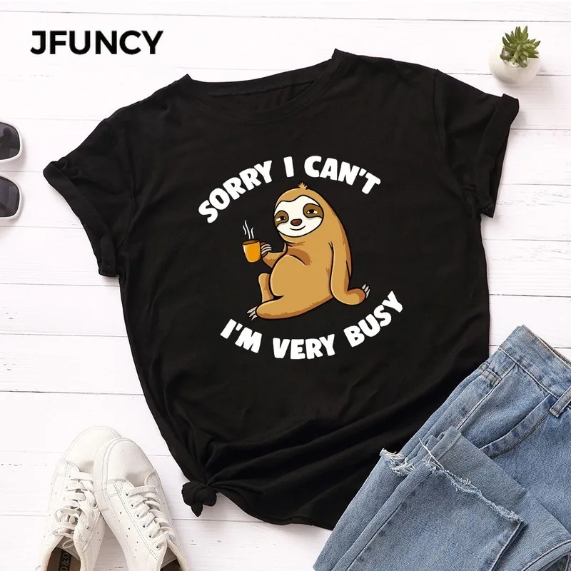 JFUNCY Mùa Hè Nữ 100% Cotton Áo Rời Nữ Tay Ngắn Người Phụ Nữ Áo Thun Ngộ Nghĩnh Giày Lười In TEE Áo Nữ Áo Thun Nữ