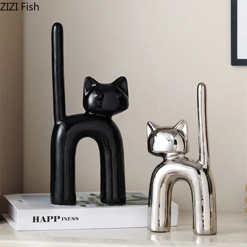 Cartoon Cat Statue Sculpture Ceramic Animal Ornaments Artistic Model Display Living Room Home Accessories Decoration Crafts