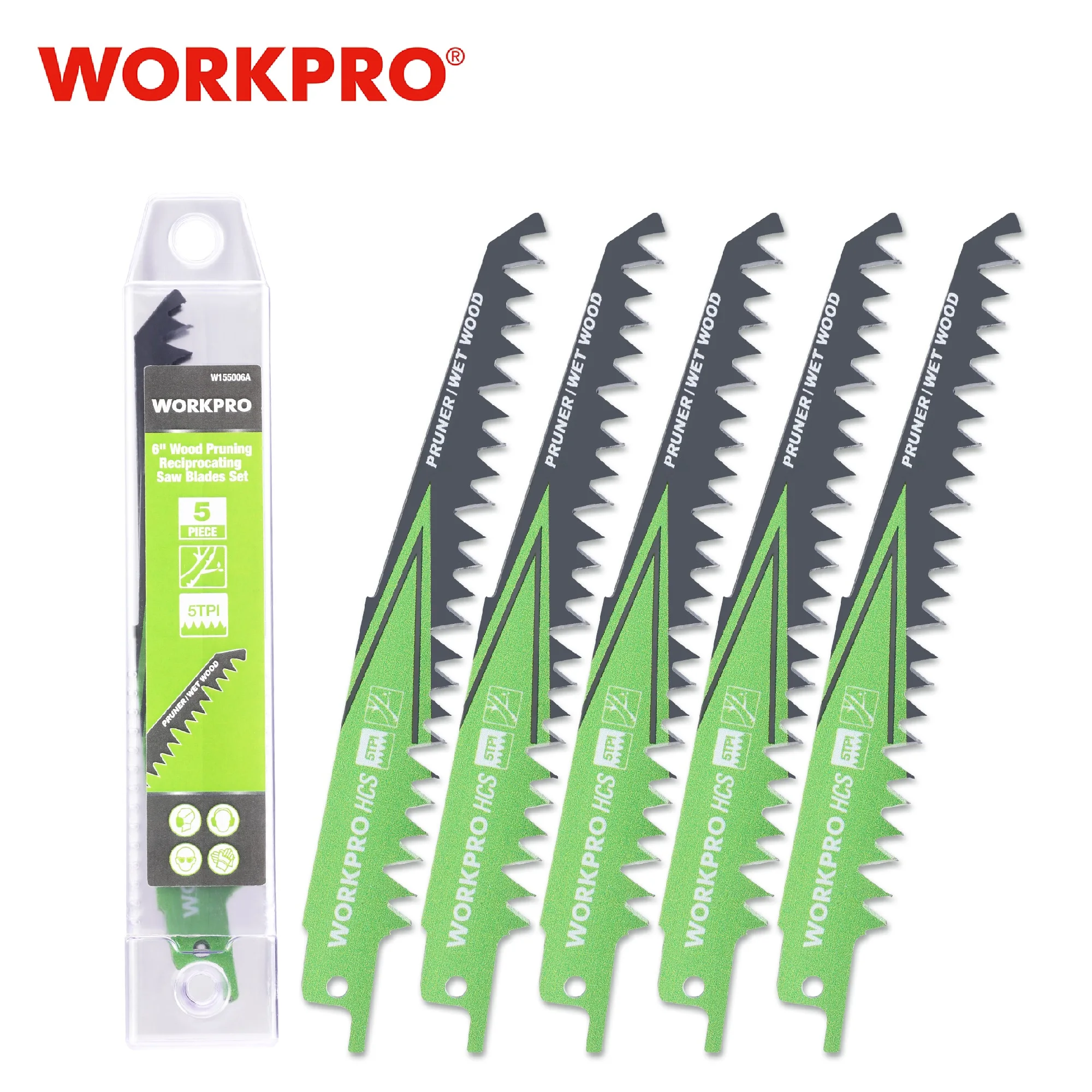 WORKPRO 152MM 230MM Reciprocating Saw Blades Set 5PCS 5TPI Wood Pruning for Metal and Wood Cutting Power Tools Accessories