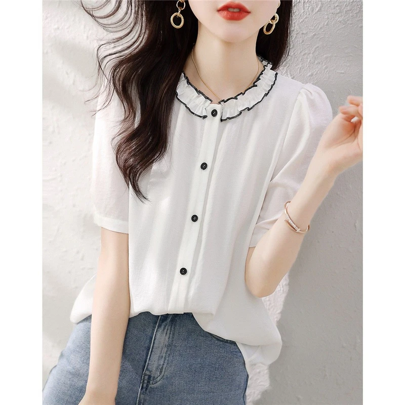 Womens Ruffle White Elegant Chic Button Up Shirt Summer Korean Fashion Short Sleeve Commute Blouse Sweet Loose Tops Blusas Mujer