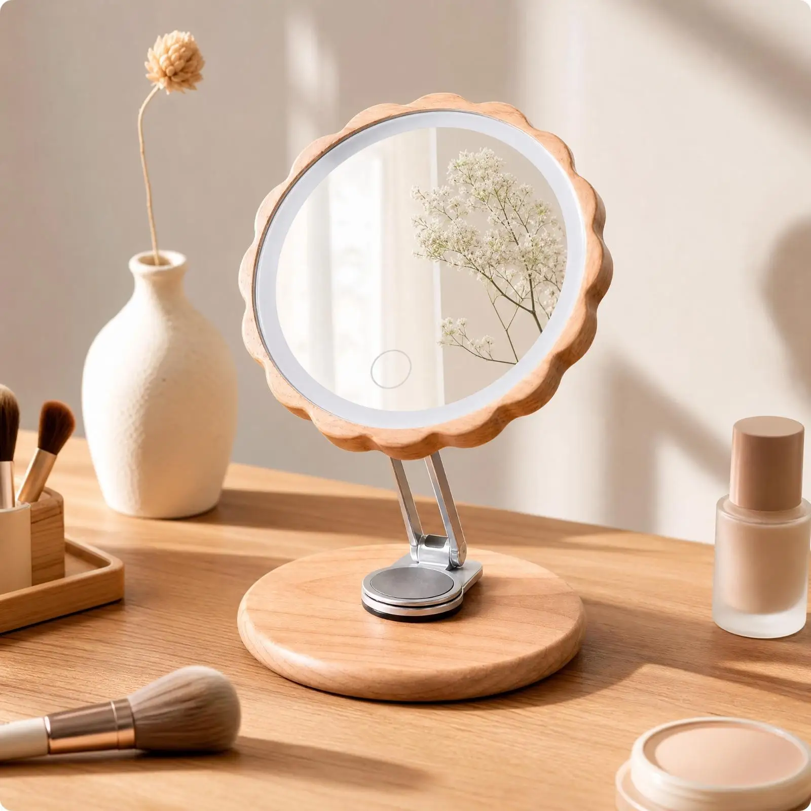 Tabletop Mirror with Light for Makeup Vanity Rotating Wood Frame LED Illuminated Skincare Dressing Table Accessory