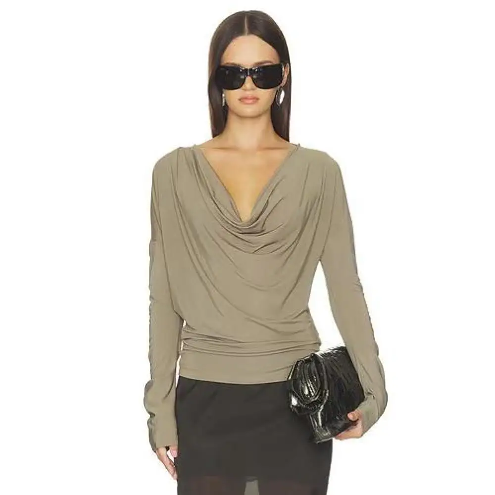 Retro Minimalist Long Sleeve Tee, Draped Cowl Halter Neck Slim Waist Cut Dark Aesthetic Vintage Daily Wear Top